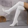 Модные женские вязаные ботфорты Comemore Осень Зима Сексуальные ботфорты выше колена Острый носок Толстый высокий каблук Длинные боты Размер 36-43