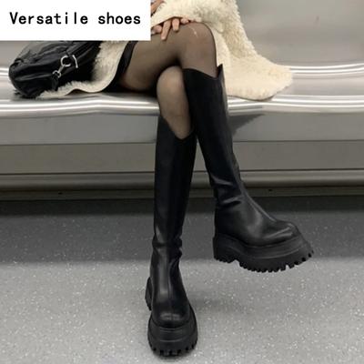 Женские сапоги до колен в стиле панк, модные мягкие кожаные туфли, осенне-зимние женские длинные сапоги на платформе и каблуке