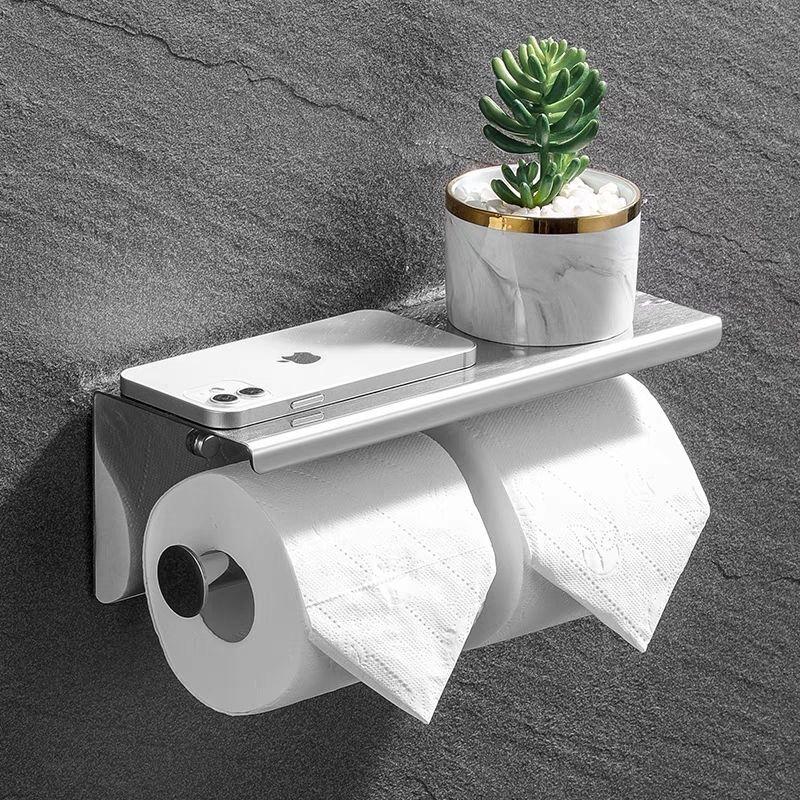 Punch-Free Stainless Steel Bathroom Tissue Holder with Phone Shelf