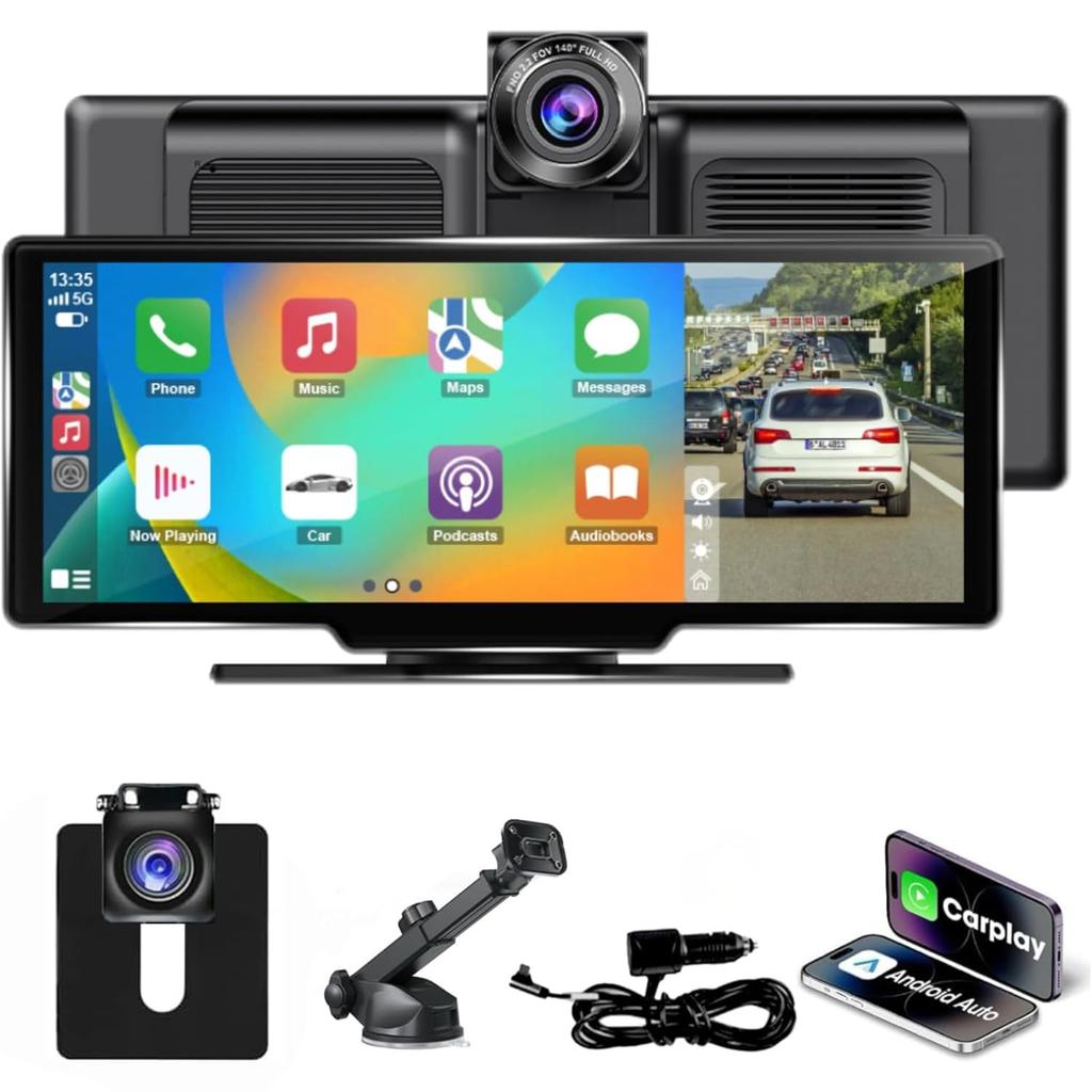 Stynxro Display Portable Car Audio with Wireless Auto 4K Front Camera and 1080P Rear Dash GPS Voice Mirror and Easy Installation Audio, 10.26-inch