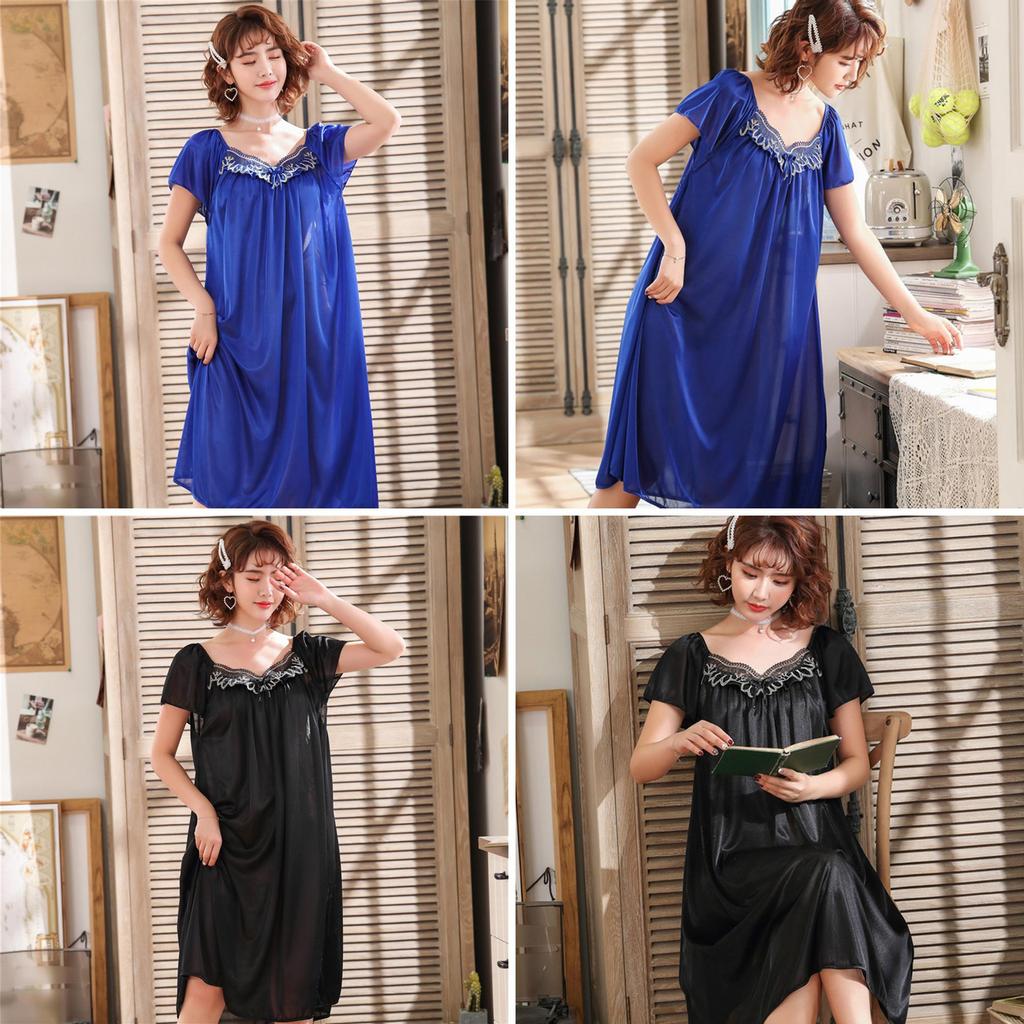 Женская свободная ночная рубашка с коротким рукавом, кружевная лоскутная ночная рубашка с коротким рукавом, пижама