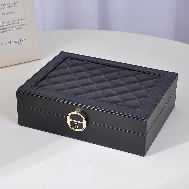 «Вместительная запирающаяся шкатулка для украшений с тремя ярусами и современным ромбовидным узором для ожерелий и сережек»