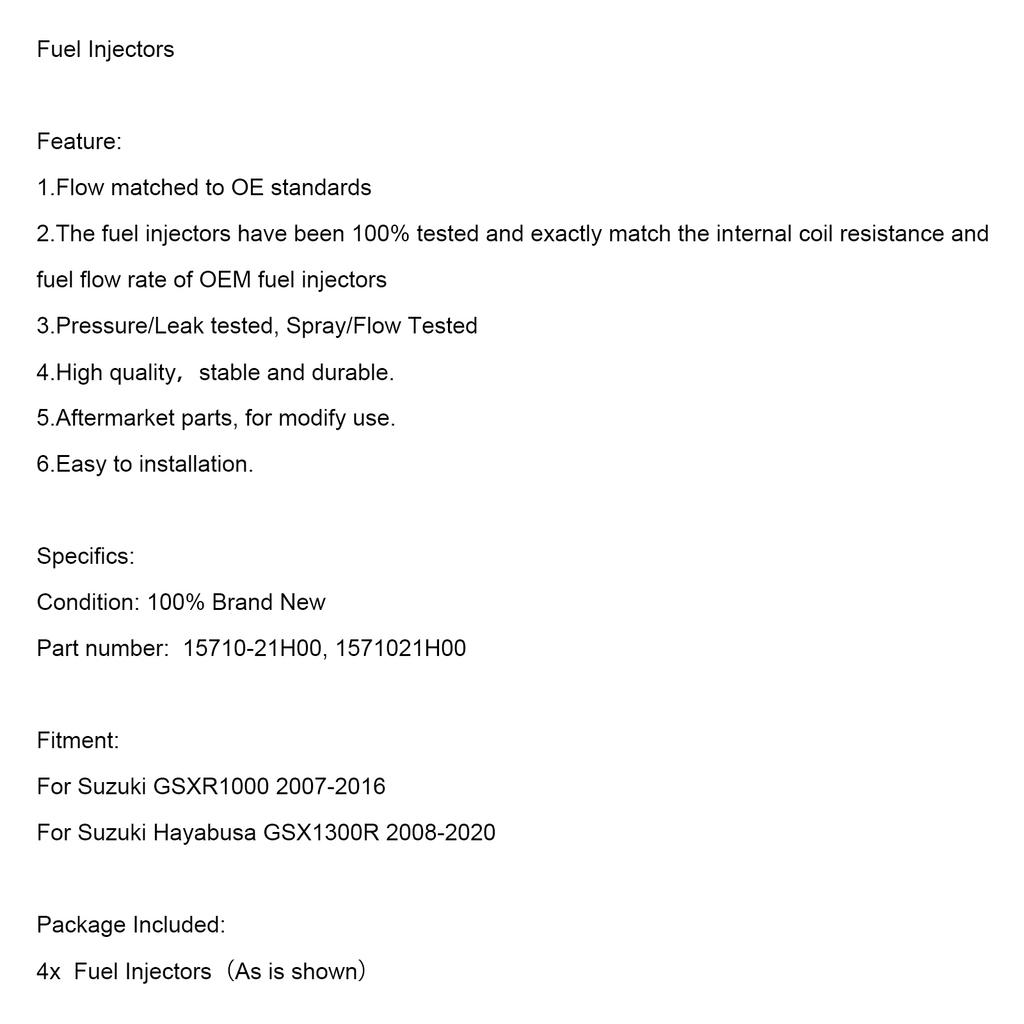 4PCS 15710-21H00 Fuel Injectors 1571021H00 For Suzuki GSXR1000 07-16 GSX1300R 08-20