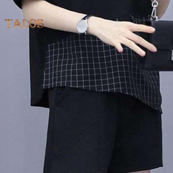 Женский летний комплект из двух предметов: свободный топ с короткими рукавами и круглым вырезом в клетку, широкие шорты, повседневный спортивный костюм для отдыха