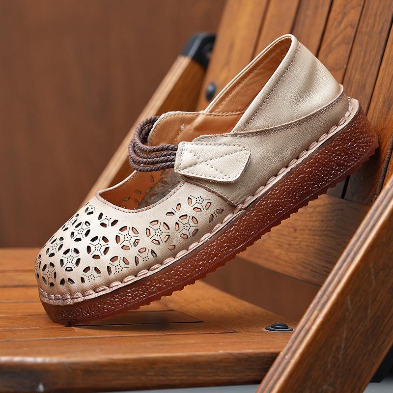 Johnature Women's Flat Shoes Retro Round Toe Genuine Leather Hollow-out Breathable Soft Soled Sandals