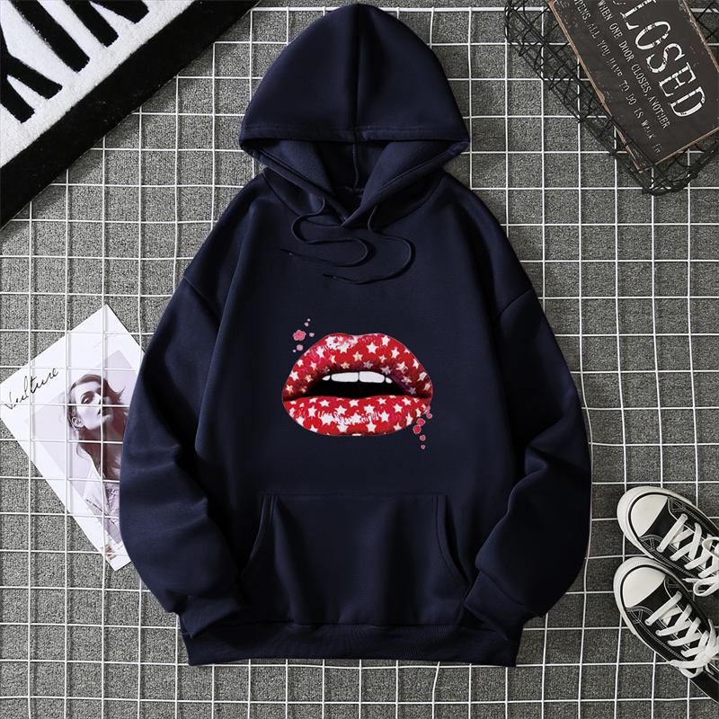 Loose Long Sleeve Women's Hoodie Lip Print Trendy Plus Size Cross-Border Pattern Crew Neck Regular Length Girl Style