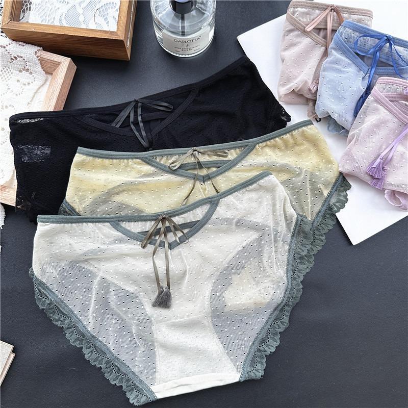 Женские милые хлопковые трусики с кружевом и ледяной сеткой для весны и лета