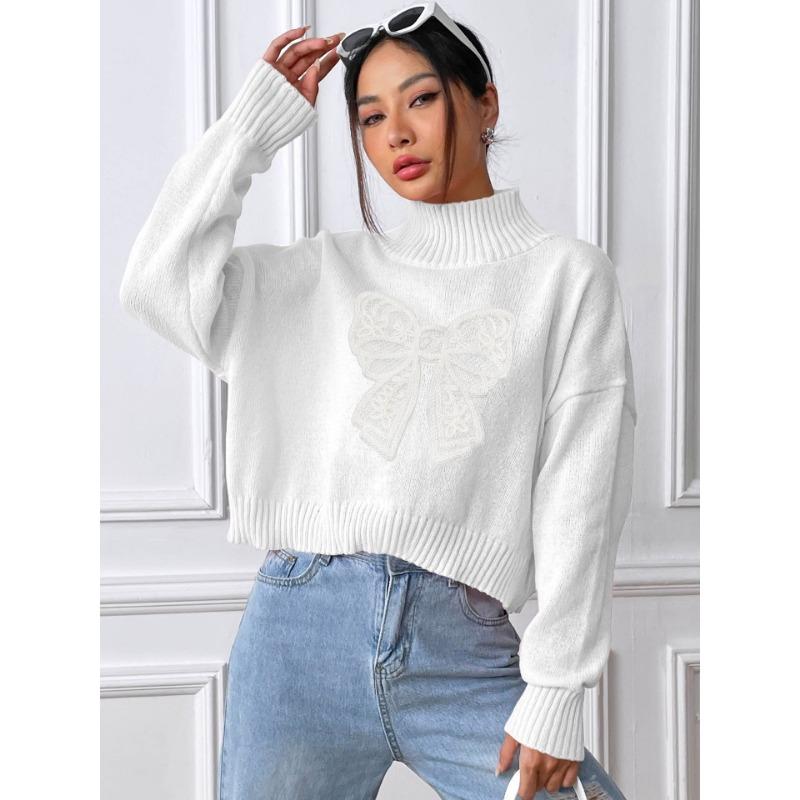 Women's Short High Neck Pullover Bow Embroidery Patchwork Sweater