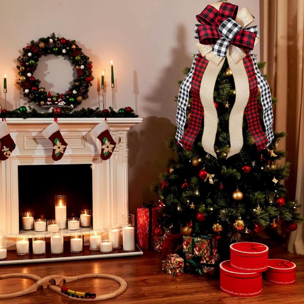 Christmas Tree Topper Large Plaid Burlaps Red And Black Gift Bow For Xmas Tree Handmade Holiday Party Decorations-13 X 29 Inch