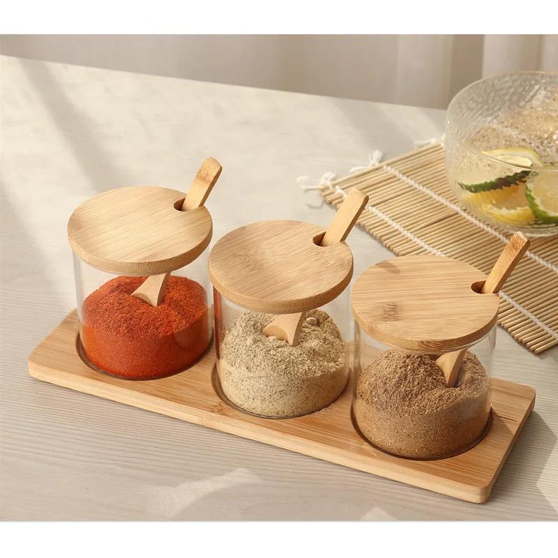 1 набор стеклянных банок для специй, кухонные банки для приправ, сахарные банки, контейнеры для хранения еды с бамбуковой крышкой и деревянной ложкой для чая