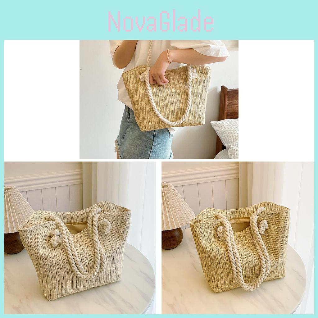Large Capacity Straw Shoulder Bag With Synthetic Leather Lining For Women