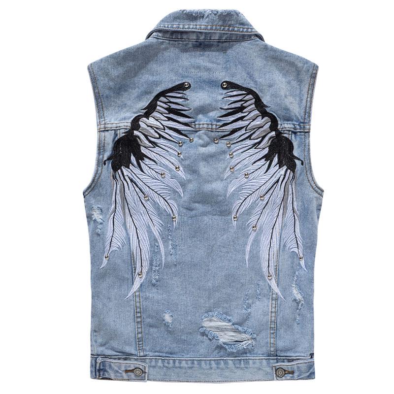 Men's Plus Size Sleeveless Biker Denim Vest with Wing Embroidery & Rivets