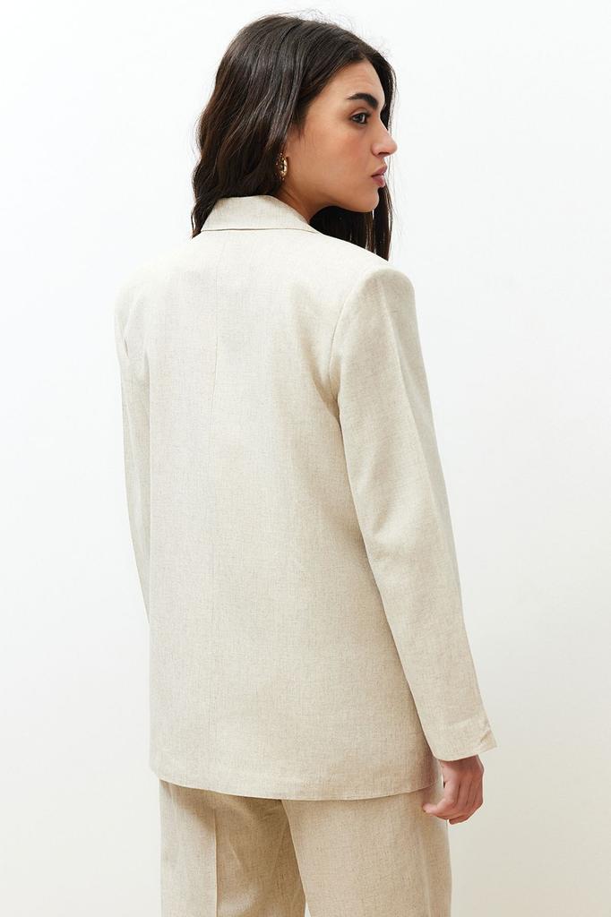 Женская мода бежевый двубортный пиджак из хлопка и льна с застежкой