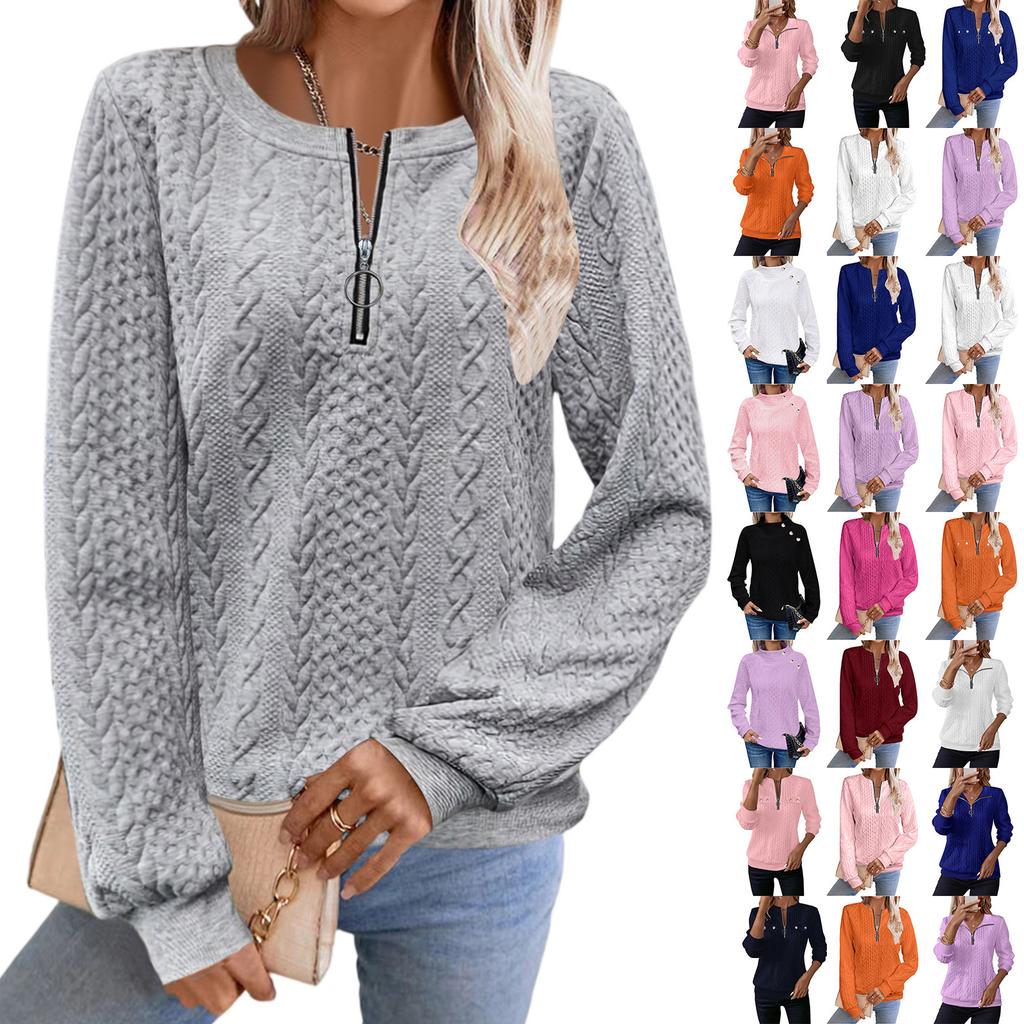 Women's Fashion Long Sleeve Solid Color Casual Collared Zipper Long Sleeve Pocket Sweatshirt