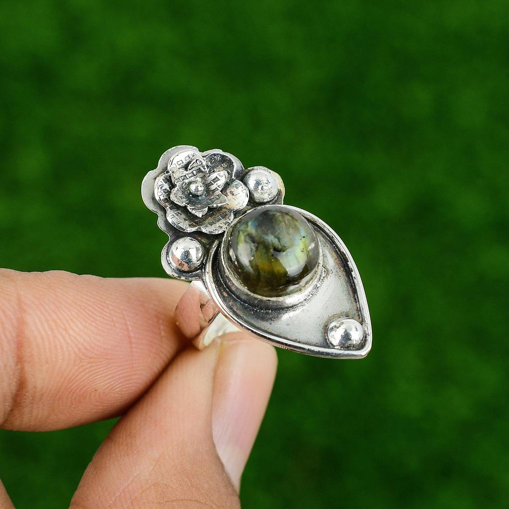 Natural Labradorite 925 Silver Stackable Flower Adjustable Ring For Women