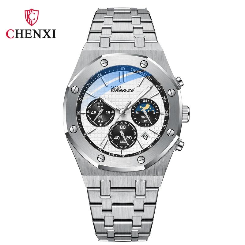 Chenxi Top Luxury Brand Auto Date Wristwatch Mens Sport Waterproof Multi Function Chronograph Stainless Steel Wristwatches