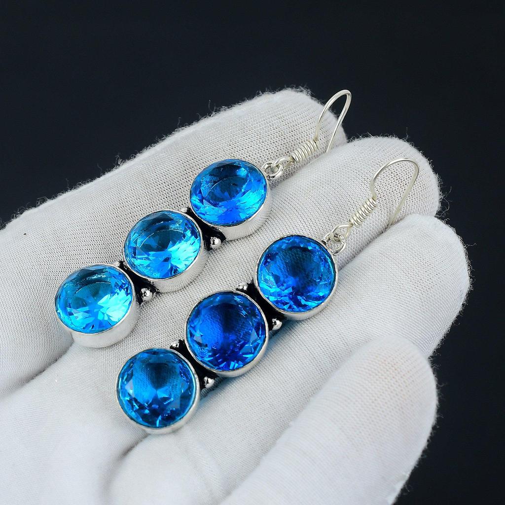 Серьги с драгоценными камнями с голубым топазом, ювелирные серьги ручной работы из стерлингового серебра 925 пробы, кристаллы топаза, серьги для женщин, серьги с голубым топазом для нее