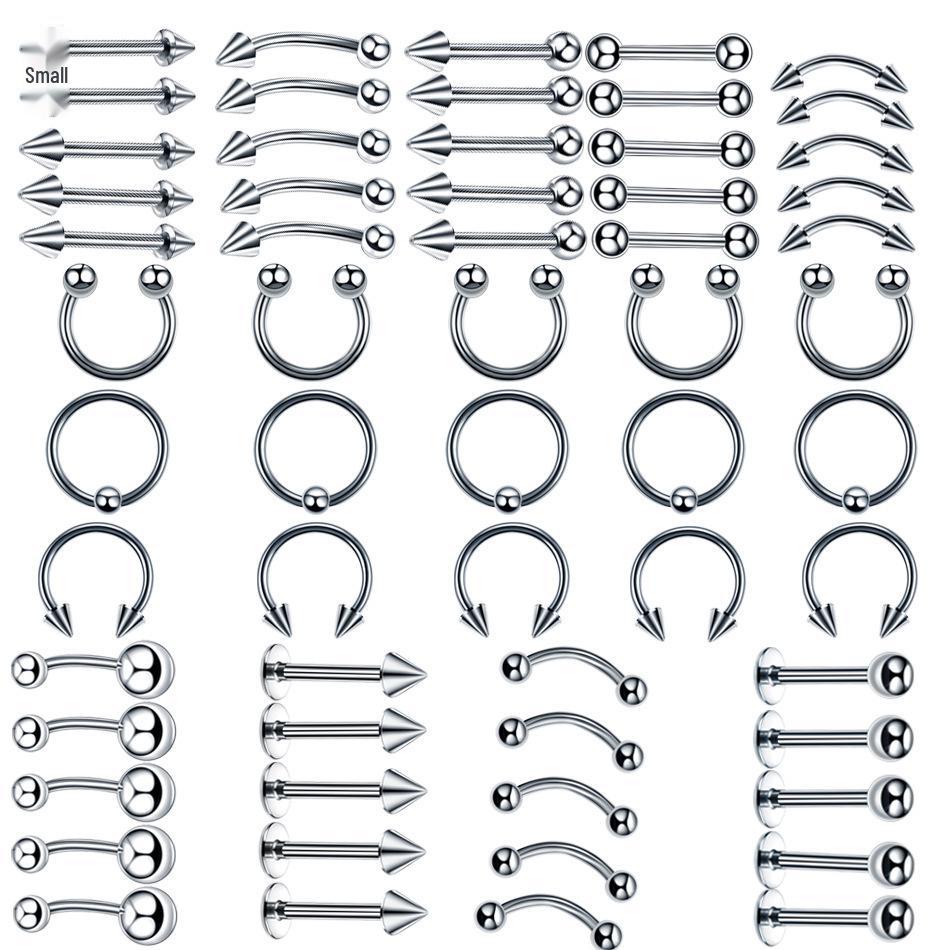 60-Piece Stainless Steel Lip, Stud, and Nose Ring Set – Popular European & American Piercing Jewelry Accessories