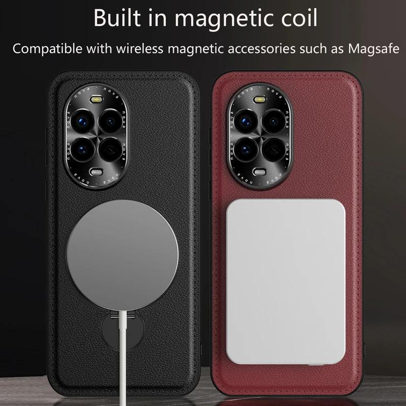 Беспроводная зарядка для чехла телефона Huawei Nova 16s 12S 14 11 15 13 Pro Металлическая защита объектива Мягкая кожаная задняя крышка Чехлы Держатель