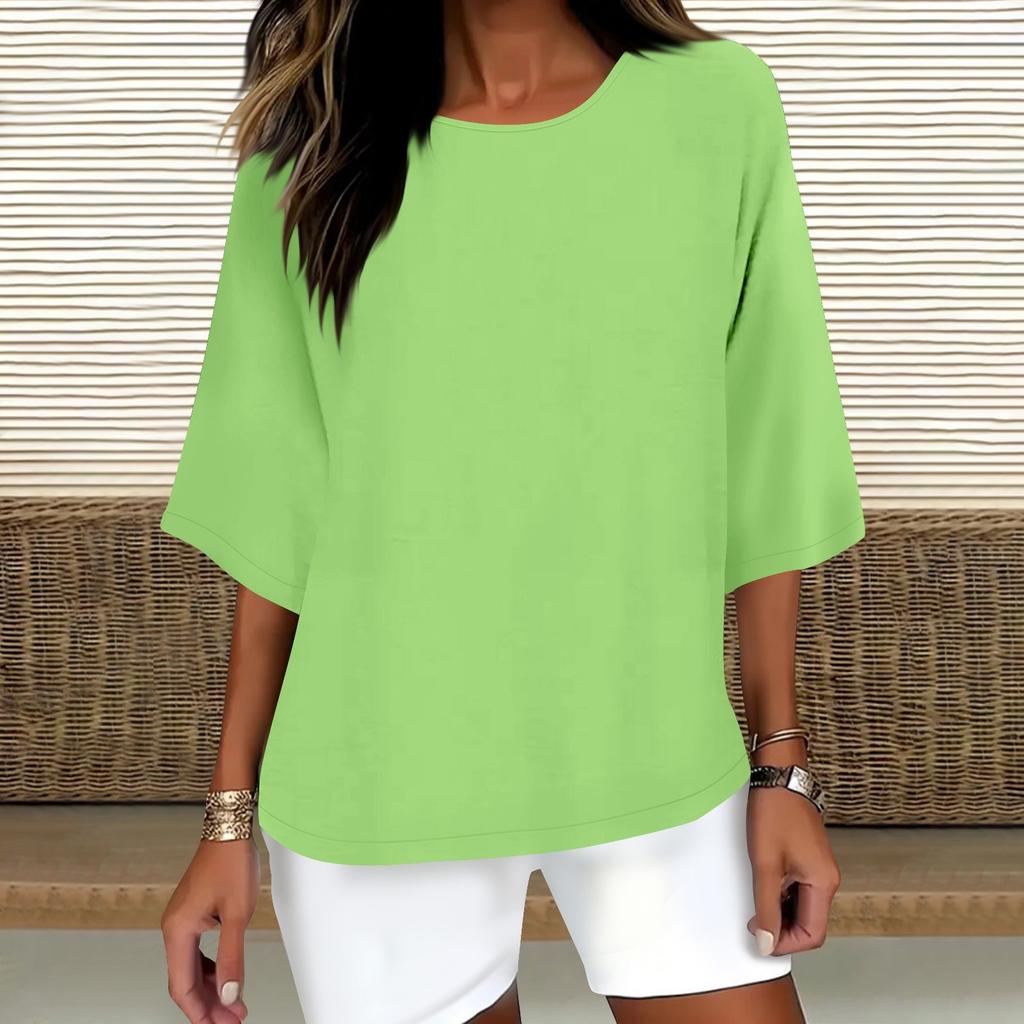 Женская модная однотонная повседневная футболка с рукавом семь восьмых и круглым вырезом, хлопковый топ