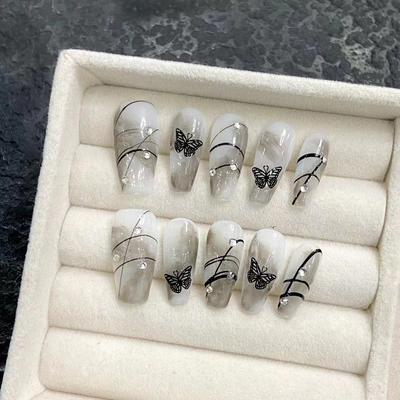 Искусственные ногти ручной работы Dream Black Butterfly Smudge Фототерапевтические ногти Накладные ногти Многоразовые и съемные ногти