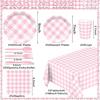 176 PCS Pink and White Gingham Plates and Napkins Light Pink Checkered Disposable Plates Set with Napkins Cups Plastic Spoons F