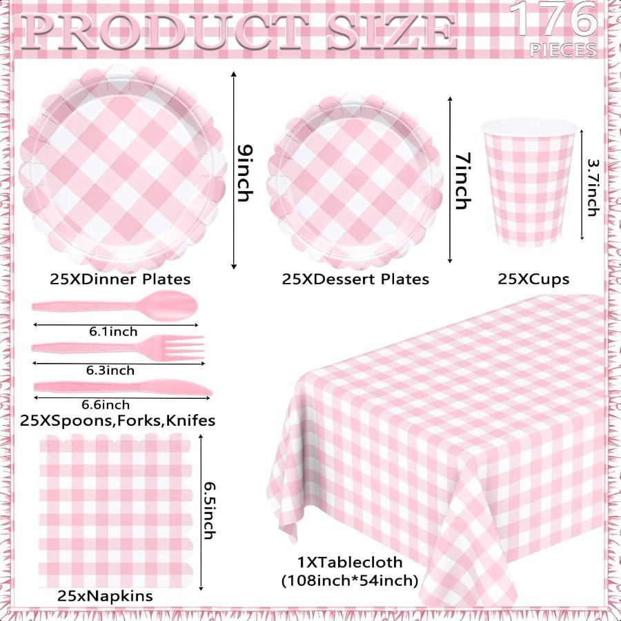 176 PCS Pink and White Gingham Plates and Napkins Light Pink Checkered Disposable Plates Set with Napkins Cups Plastic Spoons F