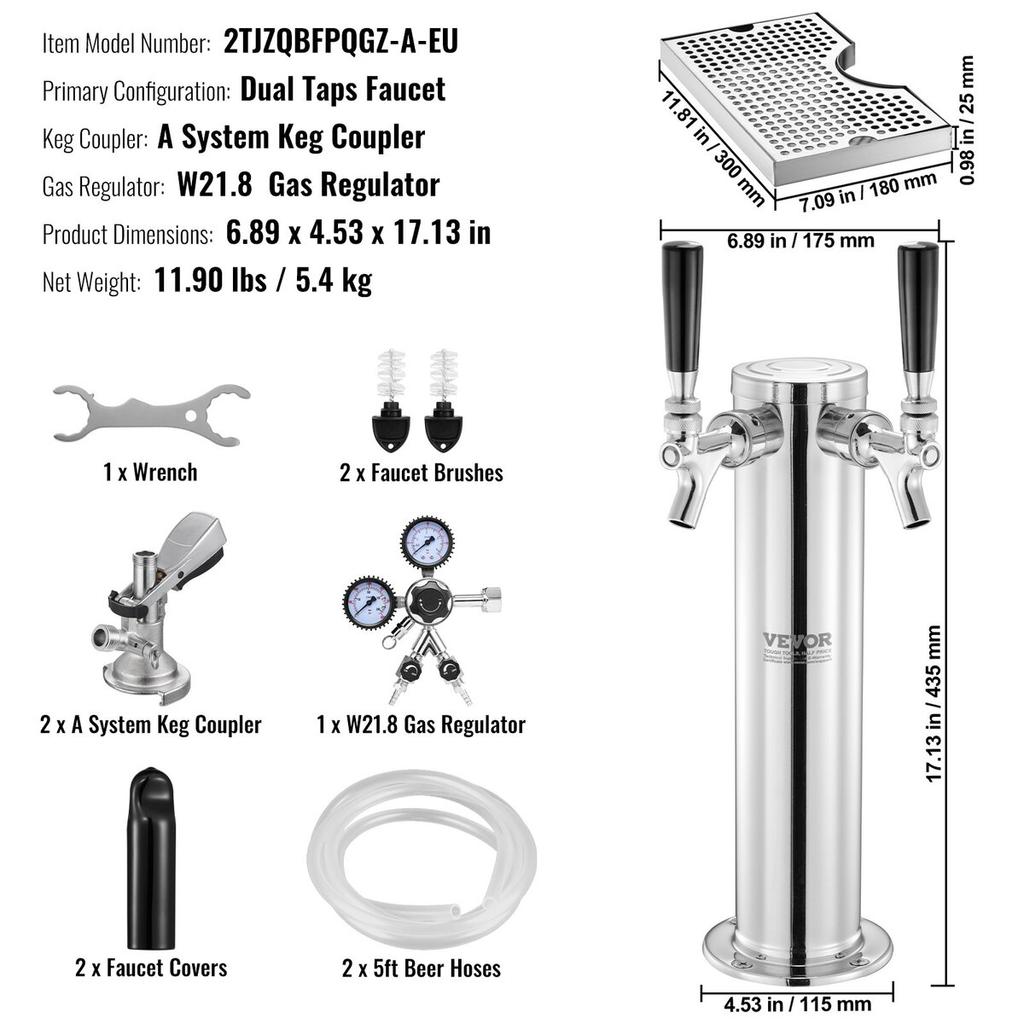 Dual Taps Kegerator Tower Kit Kegerator Beer Tower & A-System Keg Coupler