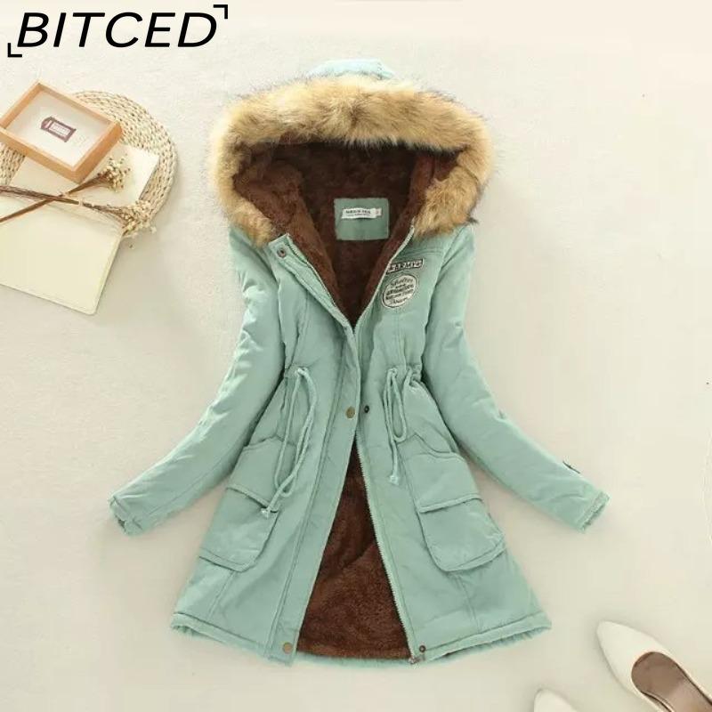 BITCED Fall/Winter Women's Plus Size Thickened Standard-Fit Long-Sleeve Hooded Shearling-Lined Cotton Jacket