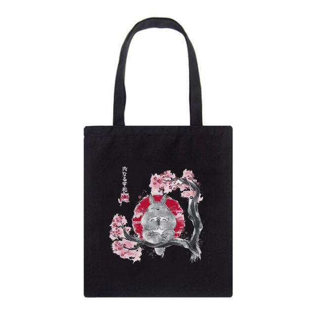 Многоразовая сумка для покупок с милым принтом «Толстый Тоторо», женские сумки-тоут с принтом, эко-сумка, мультяшная покупательница, винтажные черные холщовые сумки на плечо