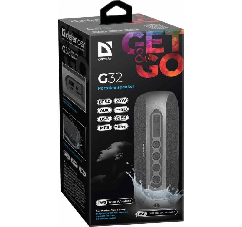 Defender G32 Bluetooth Speaker 20W MP3/FM/SD/USB/AUX/TWS/IP56 Black