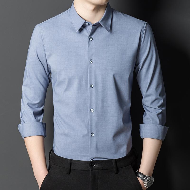 Однотонная мужская формальная рубашка из бамбукового волокна с длинным рукавом, удобная деловая посадка обычного кроя с передним карманом
