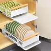 Bowl Dish Storage Rack Large Capacity with Adhesive Rail Pull Out Sliding Drawer Cabinet Organizer Detachable Drainage Plate Heavy Duty Slide