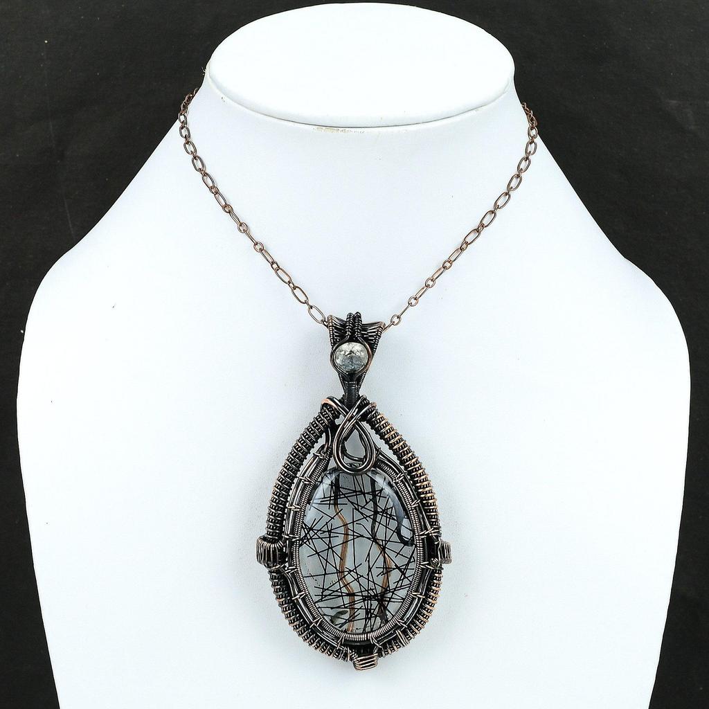 Black Rutile Pendant Copper Wire Wrapped Gemstone Pendant Black Rutile Jewelry White Topaz Pendant Handmade Pendant Copper Jewelry For Gift