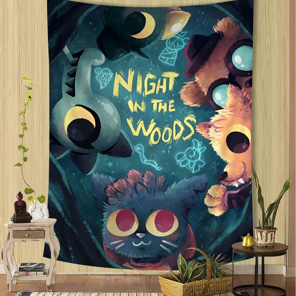 Night in the Woods Full Character Silhouette Wall Tapestry Gradient Background Cozy Room Decor for Indie Game Nostalgic Fans