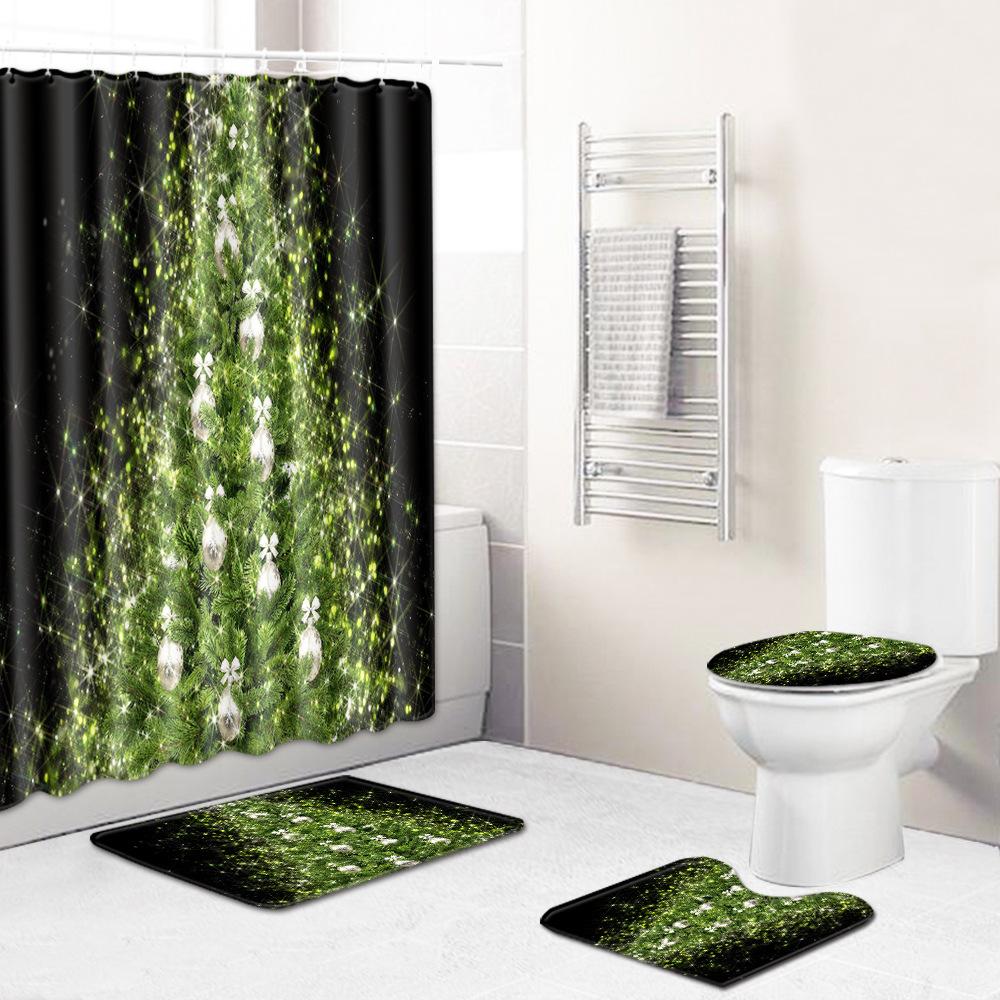 Christmas Waterproof Shower Curtain Four-Piece Floor Mat Combination Bathroom Water-Absorbing Non-Slip Carpet Door Mat Foot Mat
