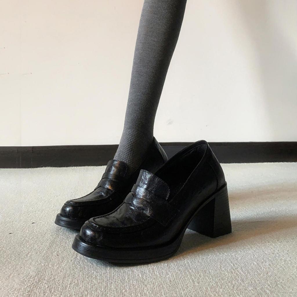 Sheepskin Version~ Commuter Retro High Heels Women's Black One-pedal Leather Loafers Simple British Style Small Leather Shoes