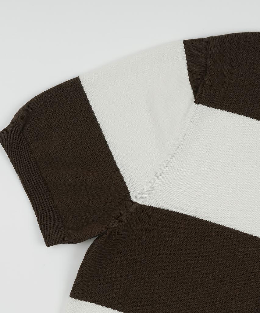 BELLIEF Essential Hard Twist Cotton Short Sleeve Striped Knit (Ivory/Brown)