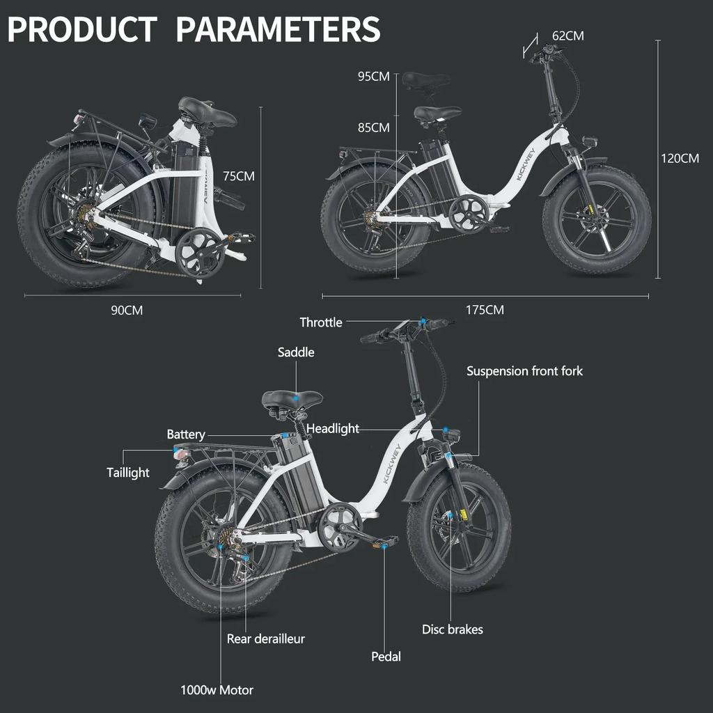 Foldable E-bike KICKWEY L20 1000W Motor 48V20AH Lithium Battery Adult Electric Bicycle 20 Inch Tire All Terrain Electric Bike