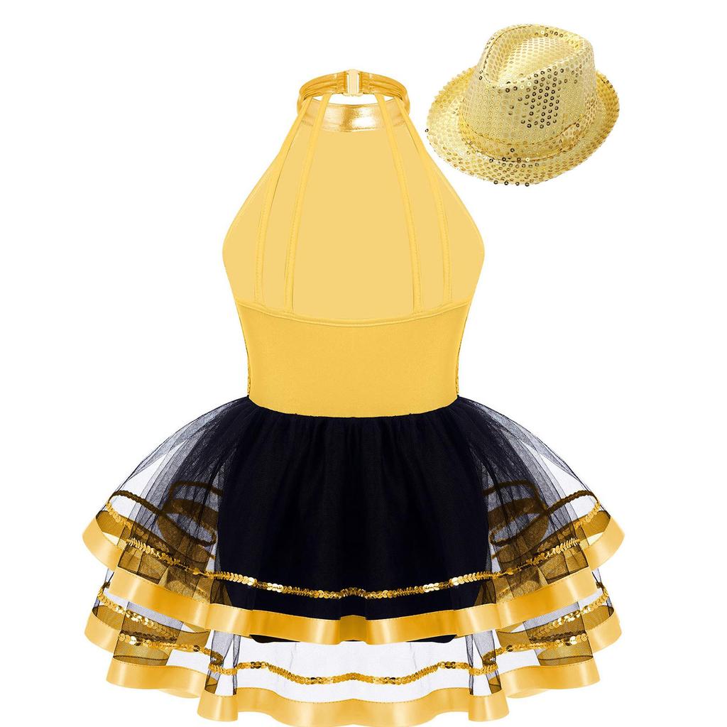 Детский танцевальный костюм, блестящее платье-пачка с пайетками, фасон халтер со шляпой для балета или сценических выступлений