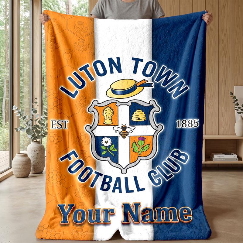 Luton Town Custom Name Text Flannel Blanket Soccer Logo Personalized Fleece Throw Blanket Special Gift For Sofa Bedroom Home