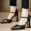 Spring and Summer New Metal Square Head Thick Heel Hollow Mary Jane Shoes Silk Black High Heel Sandals Women