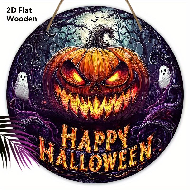 Happy Halloween Wooden Sign with Terrifying Pumpkin Pattern - Unique Figurine Ornaments - Ideal for Front Door, Farm, Porch Decor