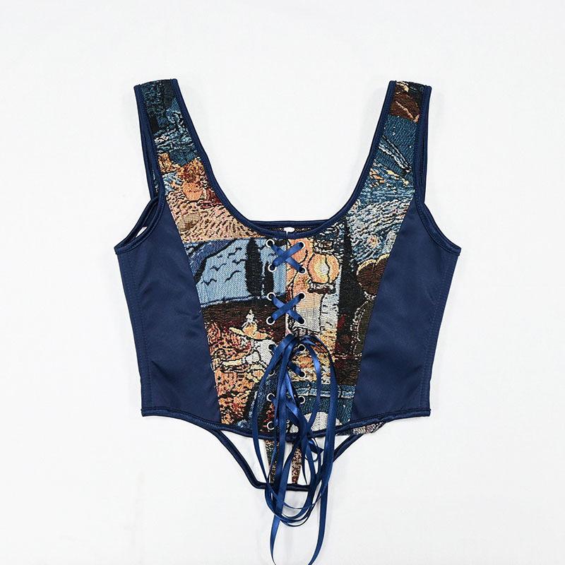 Vintage Van Gogh Oil Painting Art Corset Top Women Jacquard Brocade Bustier Aesthetic Sleeveless Slim Fit Bodice