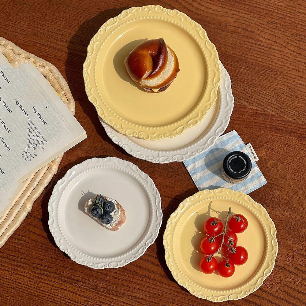 Embossed Design Ceramic Dessert Plate White/Yellow Color Western Dining Tableware Cafe Use