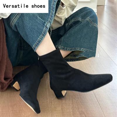 Женские узкие короткие сапоги с острым носком, модные ботильоны с молнией сзади, туфли на квадратном каблуке в стиле ретро, осенне-зимняя обувь