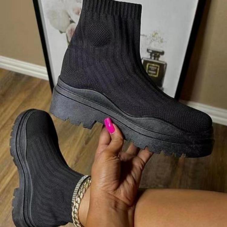 Новые осенние вязаные полусапоги на большой толстой подошве, женские ботинки с круглым носком, на среднем каблуке, с короткими рукавами и короткими рукавами