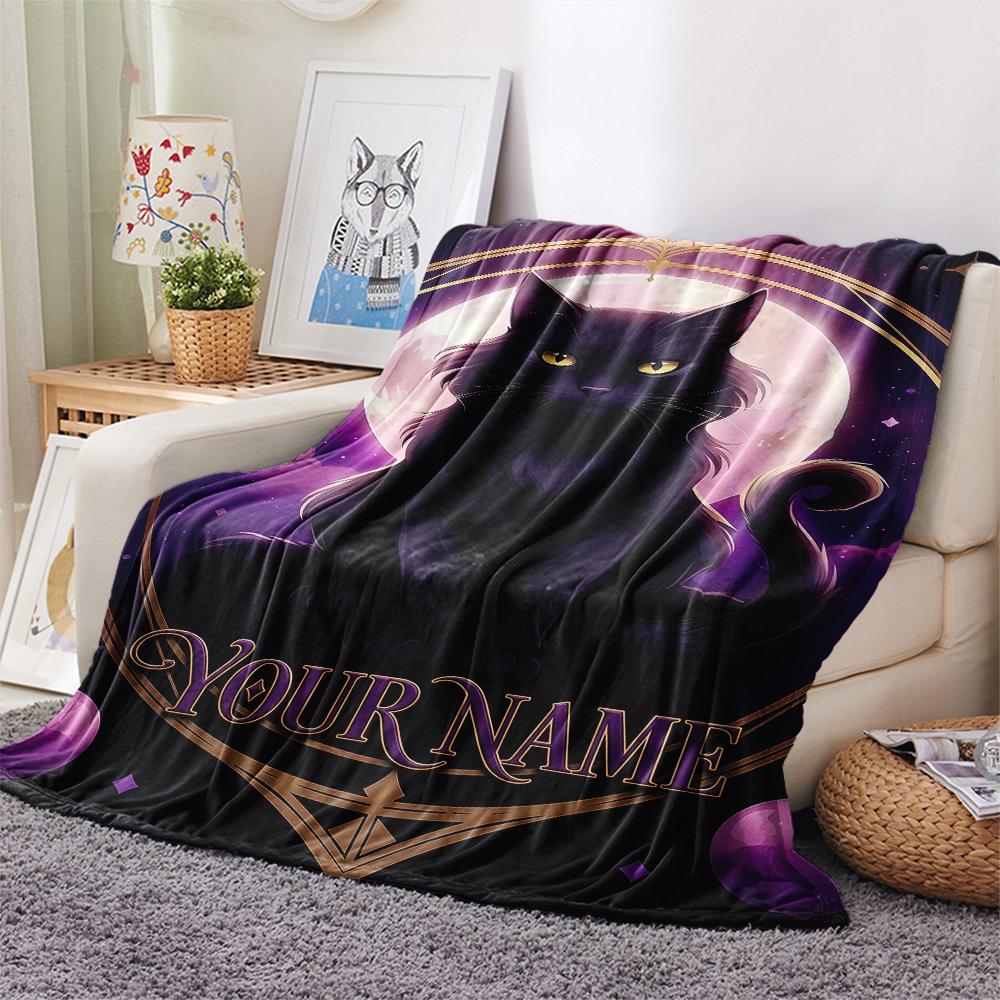 1PC Custom Name Black Cat Majesty Patterned Flannel Blanket Suitable For All Seasons for Home Decor Warmth and Comfort Gifts Holiday Present_lx