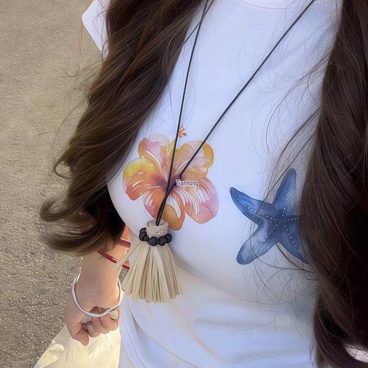 Handmade Raffia Straw Broom Tassel Necklace for Women - Simple Black Cord Fashion Accessory