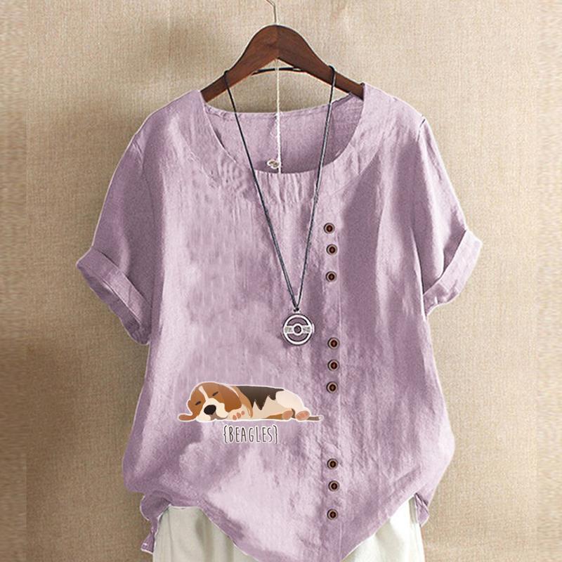 Women's Fashion Round Neck Short Sleeve T-shirt Casual Cotton Linen Graphic Shirt Leisure Loose Dog Prined Summer Blouse Tops Plus Size